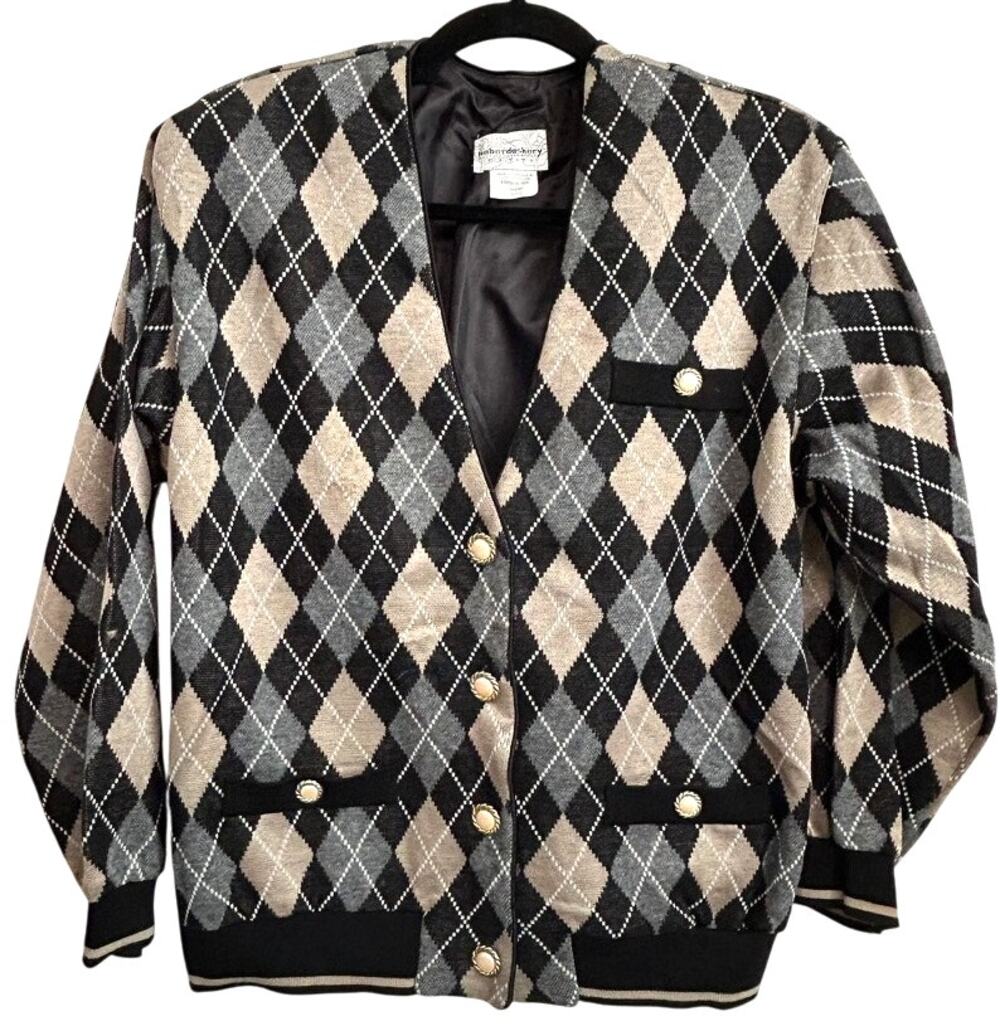 Vtg 80s Leslie Fay Haberdashery Argyle Cardigan M Petite Gold Buttons USA Black